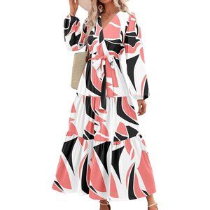 PrettyGarden Women Black Pink Polyester V Neck Long Sleeve Floral Maxi Dress